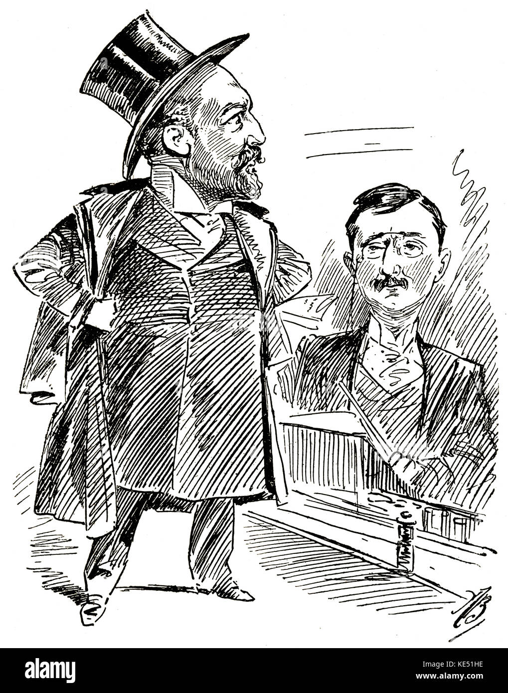 Sir Augustus Harris (also known as Augustus Druriolanus)  - the actor, impresario, and dramatist (on the left) with James 'Michael' Glover. Pantomime rehearsal at the Drury Lane Theatre in London. Caption reads:  'Scene: Drury Lane Stage. Period: Pantomime Rehearsal. Dramatis Personae: Sir Augustus Harris and Mr. James 'Michael' Glover. An occasion when Druriolanus was really annoyed with me'. AH: 1852 - 22 June 1896. Stock Photo