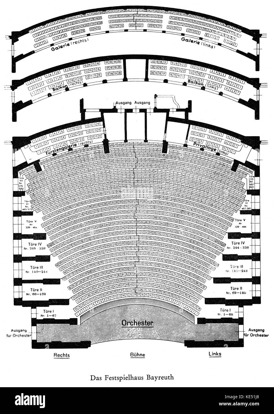 Bayreuth Festival House (Bayreuther Festspielhaus) - plan of the theatre. Late 1940 's. Gallery. Galleries. Theatre box. Boxes. Stage. Orchestra. Stock Photo