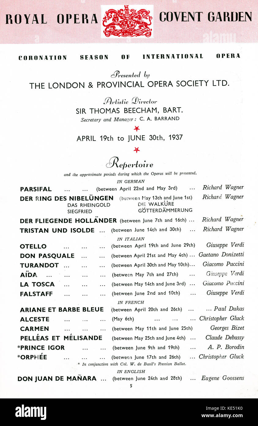 Royal Opera in Covent Garden - repertoire for the 'Coronation Season ...