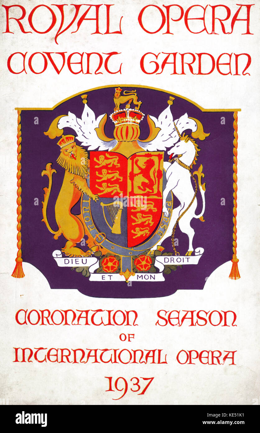 Royal Opera in Covent Garden - programme for the 'Coronation Season' of King George VI, 19 April - 30 June 1937. The Royal Coat of Arms of the United Kingdom. Stock Photo