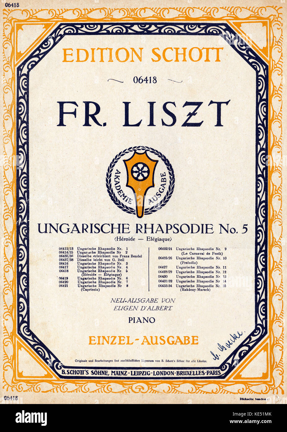 'Hungarian Rhapsody No. 5' - score cover for Franz Liszt 's composition. Published: Mainz & Leipzig, B. Schott's Söhne. Franz Liszt, Hungarian pianist and composer: 22 October 1811 - 31 July 1886. Stock Photo