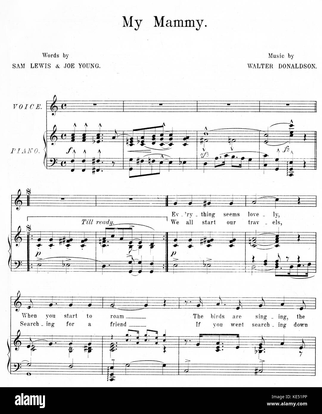 'My Mammy' - song composed by Walter Donaldson. Score. Published: London, Herman Darewski - New York, Irving Berlin, 1921. Song made famous by Al Jolson, American actor and singer. Words by Sam Lewis & Joe Young. Stock Photo