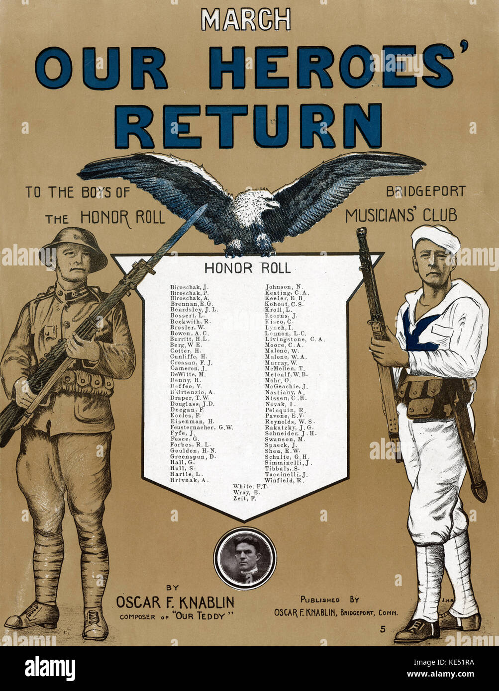 'March - Our Heroes Return' -  by Oscar Knablin to honour the returning soldiers of Bridgeport Musician 's Club, Connecticut, after World War I (1919). Score cover. American Eagle holding a scroll with the names of the returning soldiers. To the left: US soldier. To the right: US marine. Published: Bridgeport (Connecticut), Oscar F. Knablin, 1919. Stock Photo