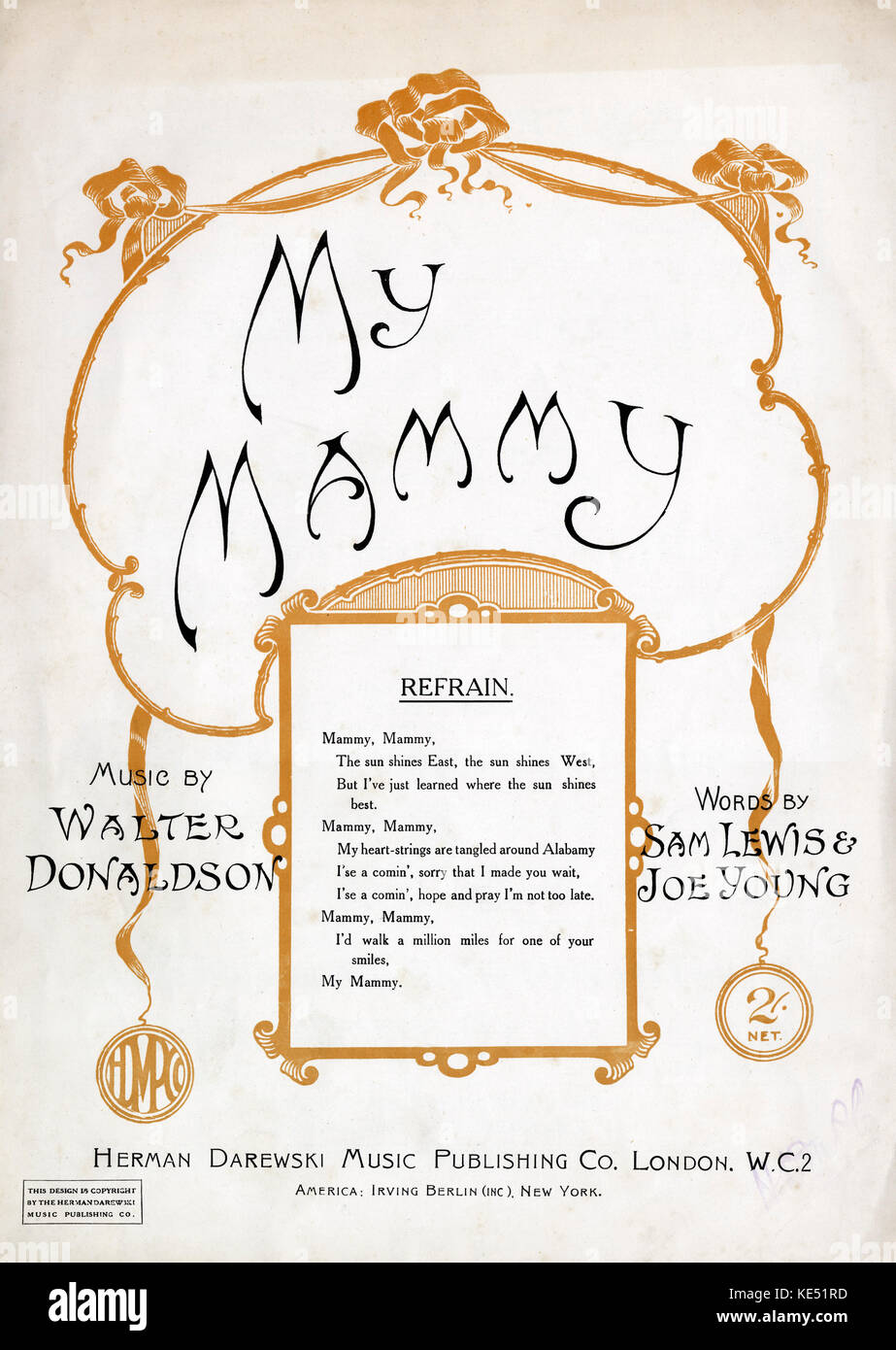 'My Mammy' - song composed by Walter Donaldson. Score cover. Published: London, Herman Darewski - New York, Irving Berlin, 1921. Song made famous by Al Jolson, American actor and singer. Words by Sam Lewis & Joe Young. Stock Photo