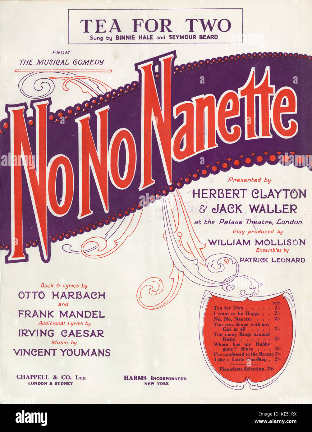 'Tea For Two' - song from the American musical comedy 'No No Nanette', music by Vincent Youmans, book and lyrics by Otto Harbach & Frank Mandel. Score cover. Published: London, Chappell & Co., 1924. Stock Photo