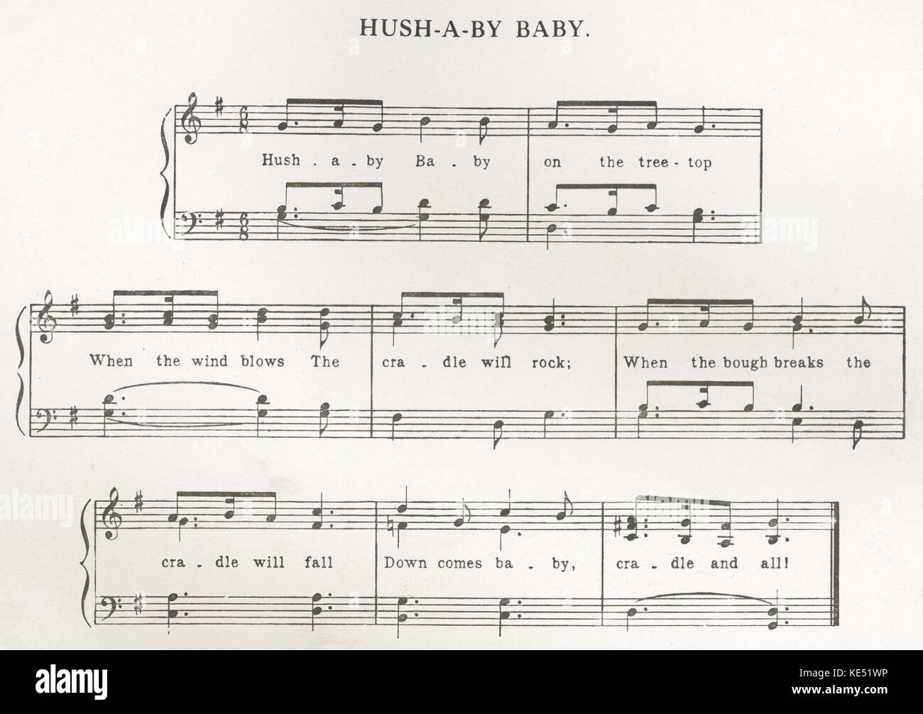 'Hush - A - By - Baby' - score and lyrics of the popular children 's song and nursery rhyme. Lullaby. Lullabies. Cradle song. Stock Photo