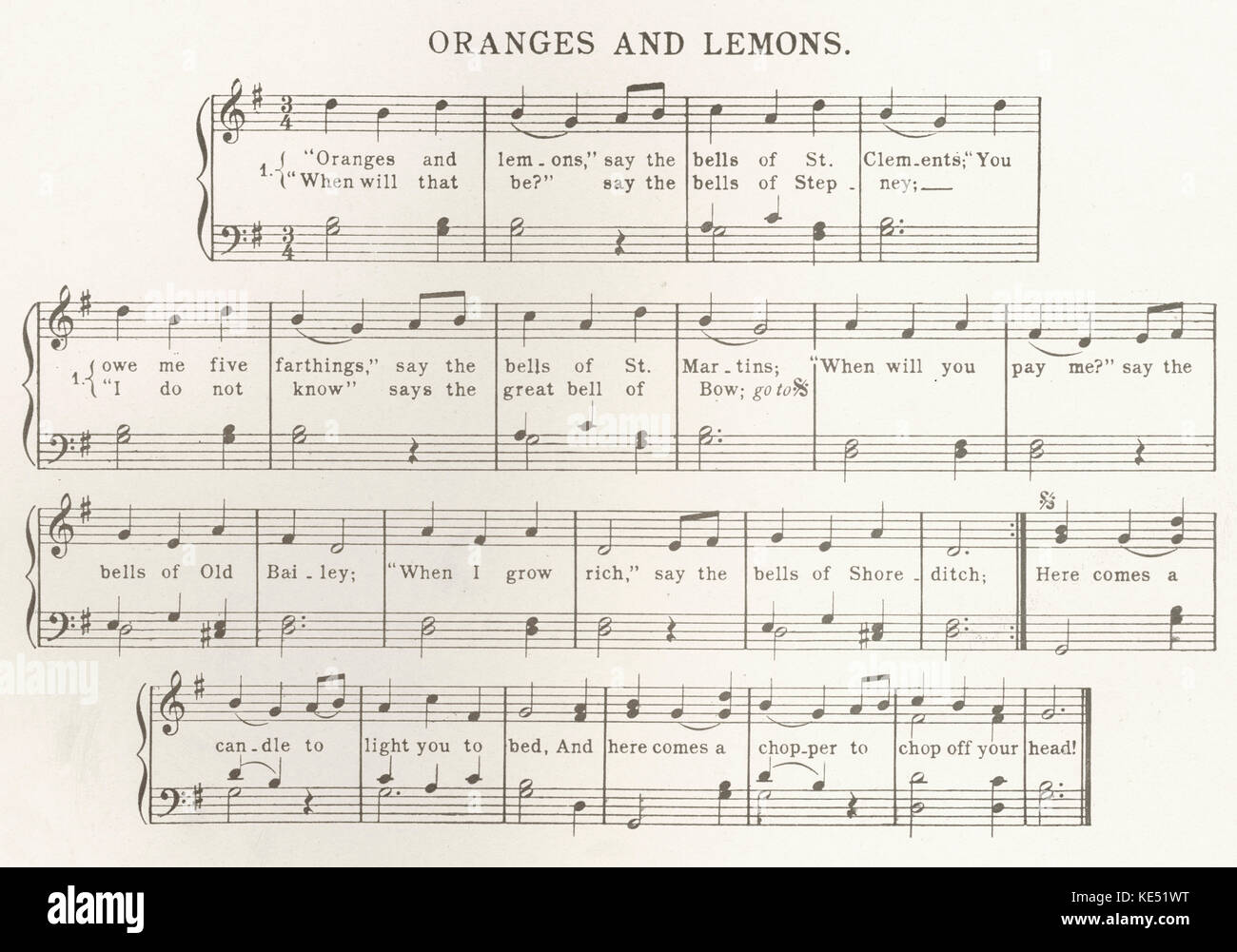 'Oranges And Lemons' - score and lyrics of the popular children 's song and nursery rhyme. Stock Photo