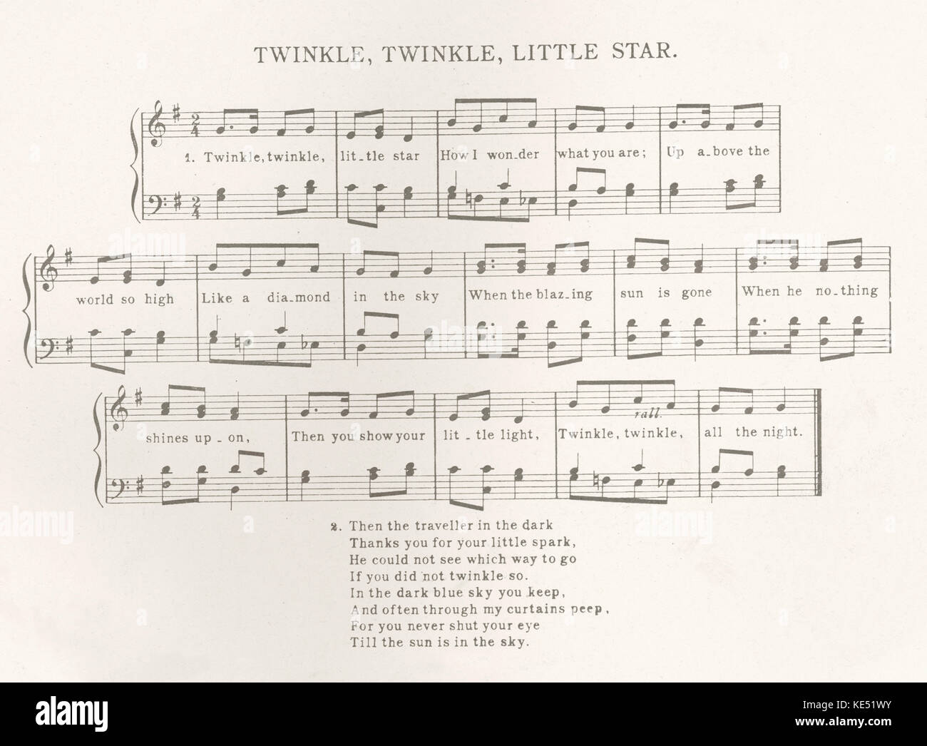 'Twinkle, Twinkle Little Star' - score and lyrics of the popular children 's song and nursery rhyme. Stock Photo