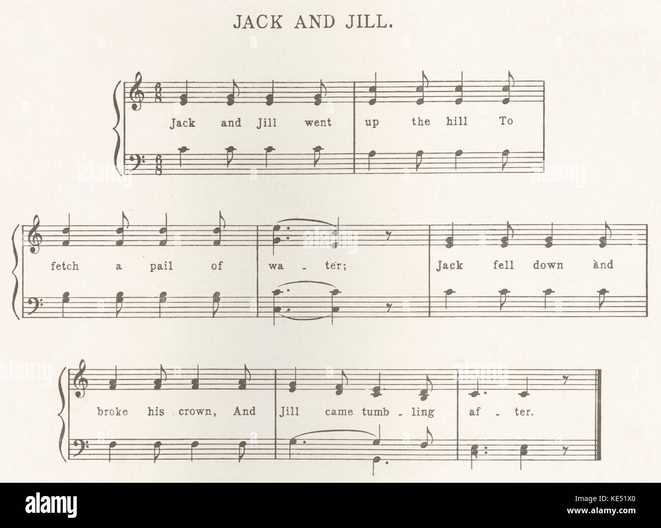 'Jack And Jill' - score and lyrics of the popular children 's song and nursery rhyme. Stock Photo