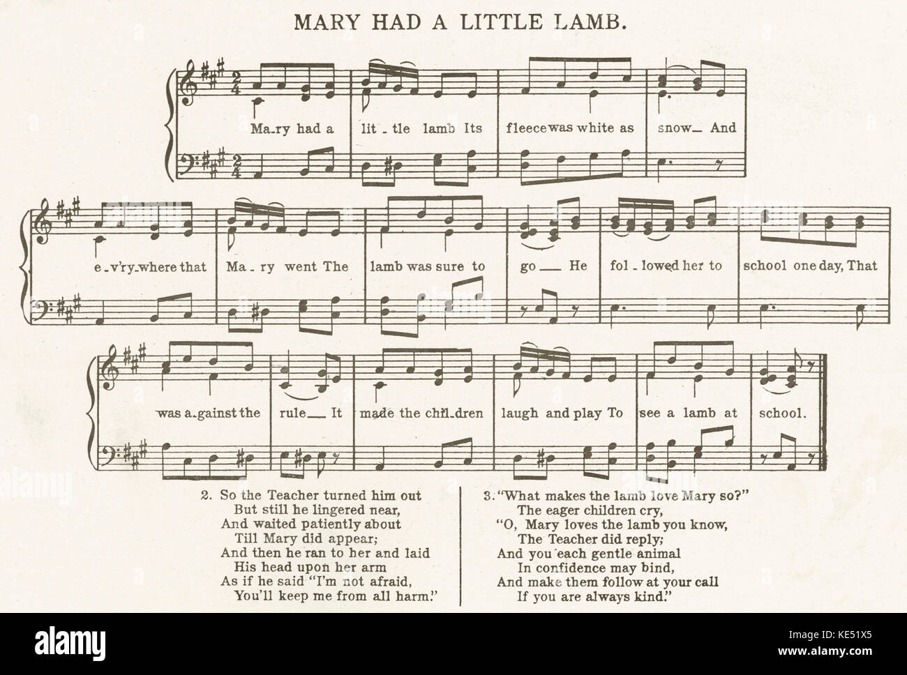 'Mary Had A Little Lamb' - score and lyrics of the popular children 's song and nursery rhyme. Stock Photo