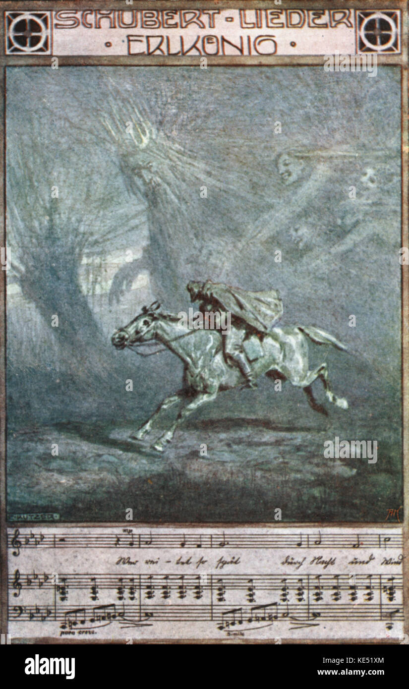 'Der Erlkönig' (The Erlking) riding through the forest.  Song composed by Franz Schubert, based on the poem by Johann Wolfgang von Goethe. Illustration by E. Kutzer. Franz Schubert, Austrian composer: 31 January 1797 - 19 November 1828. Johann Wolfgang von Goethe, German author: 28 August 1749 - 22 March 1832.  Bars of music with lyrics at the bottom Stock Photo