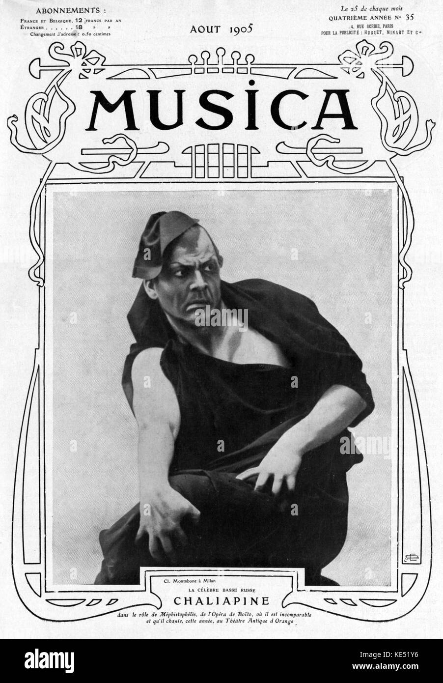 Fyodor Chaliapin as title character in Arrigo Boito 's 'Mefistofele'.  Russian bass, 11 February 1873 - 12 April 1938. Feodor Shalyapin.  Cover of Musica, August 1905. Stock Photo