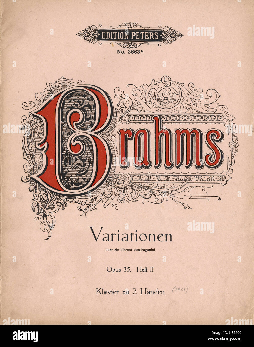 Johannes Brahms 's Variation on a theme by Paganini for for piano with 2 hands. Opus 35, part II.  Score cover.  German composer, 7 May 1833 - 3 April 1897.  Published by CF Peters, Leipzig. Stock Photo