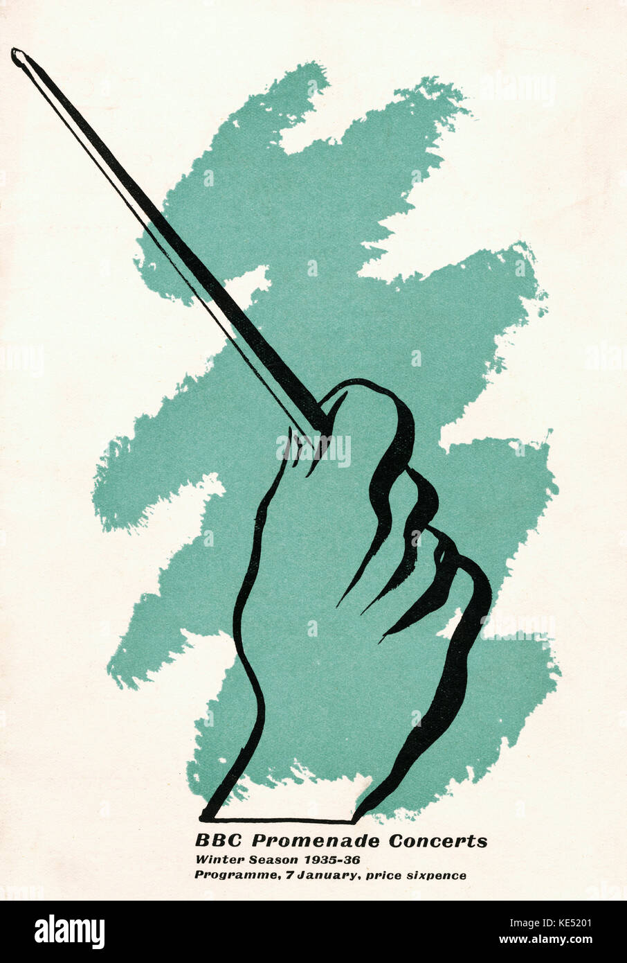 BBC Proms Programme,  7 January 1936. Illustration on front cover with hand holding a baton. Stock Photo