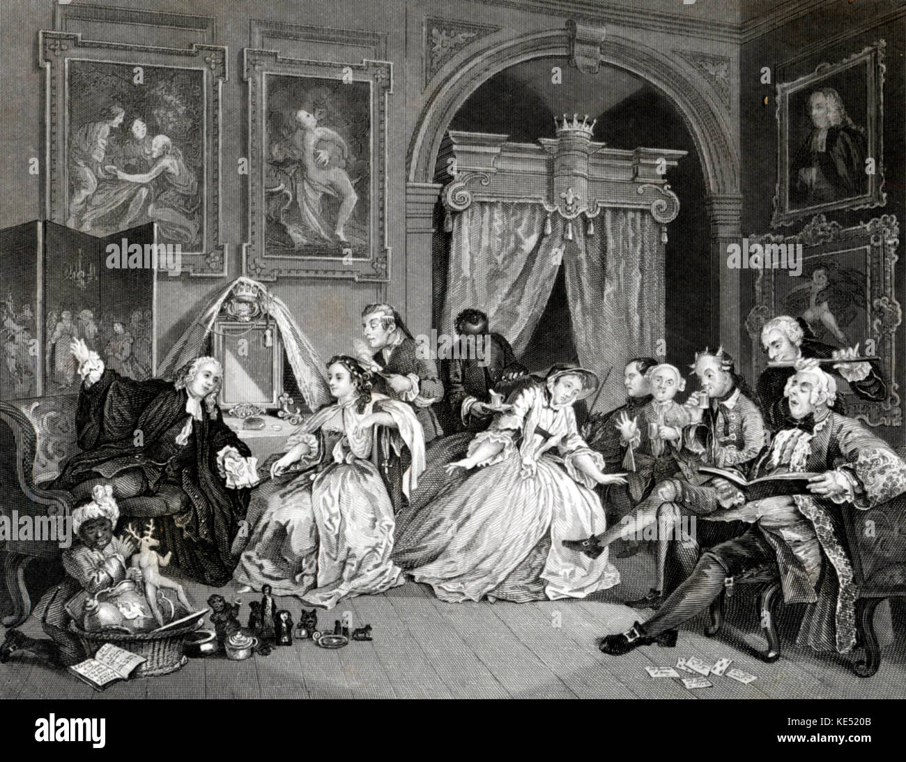 Mariage à la mode- before the ball - engraving by William Hogarth, English painter and artist. November 10, 1697 -October 26, 1764.  Printed by A H Payne. Social life in 18th century England.  Witty artistic interpretation. Influence on Richard Strauss opera Rosenkavalier.  This painting provided the plan for Marschallin von Werdenberg's levée in Rosenkavalier. Stock Photo