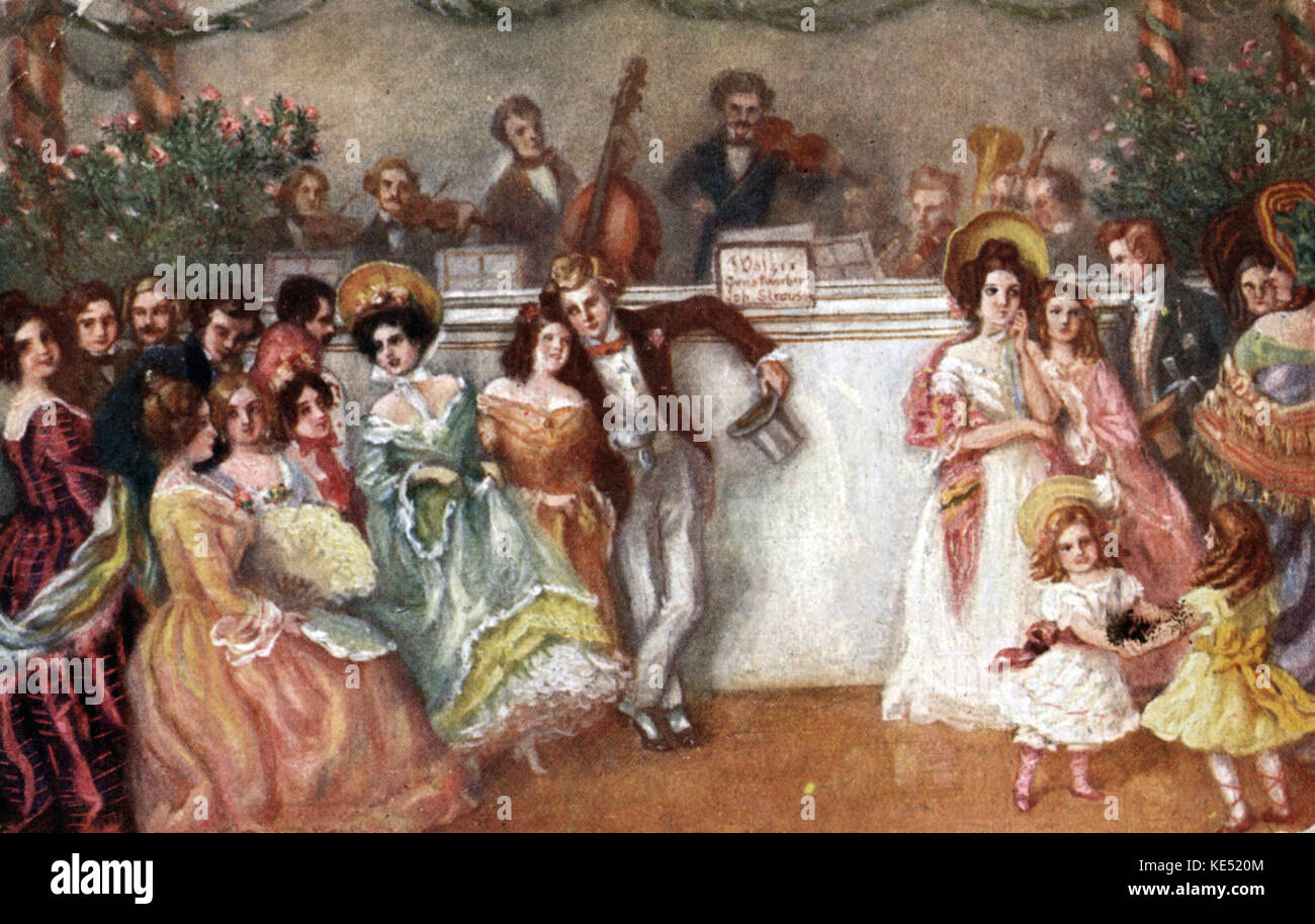 Johann Strauss  (I -father) playing and leading band  playing Waltzes . Children and adults dancing waltz. Austrian composer, conductor and violinist (1804-1849). Stock Photo
