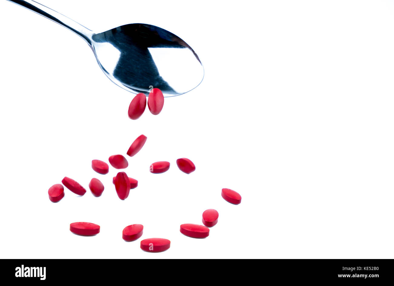 Iron tablets in spoon isolated on white background with copy space for
