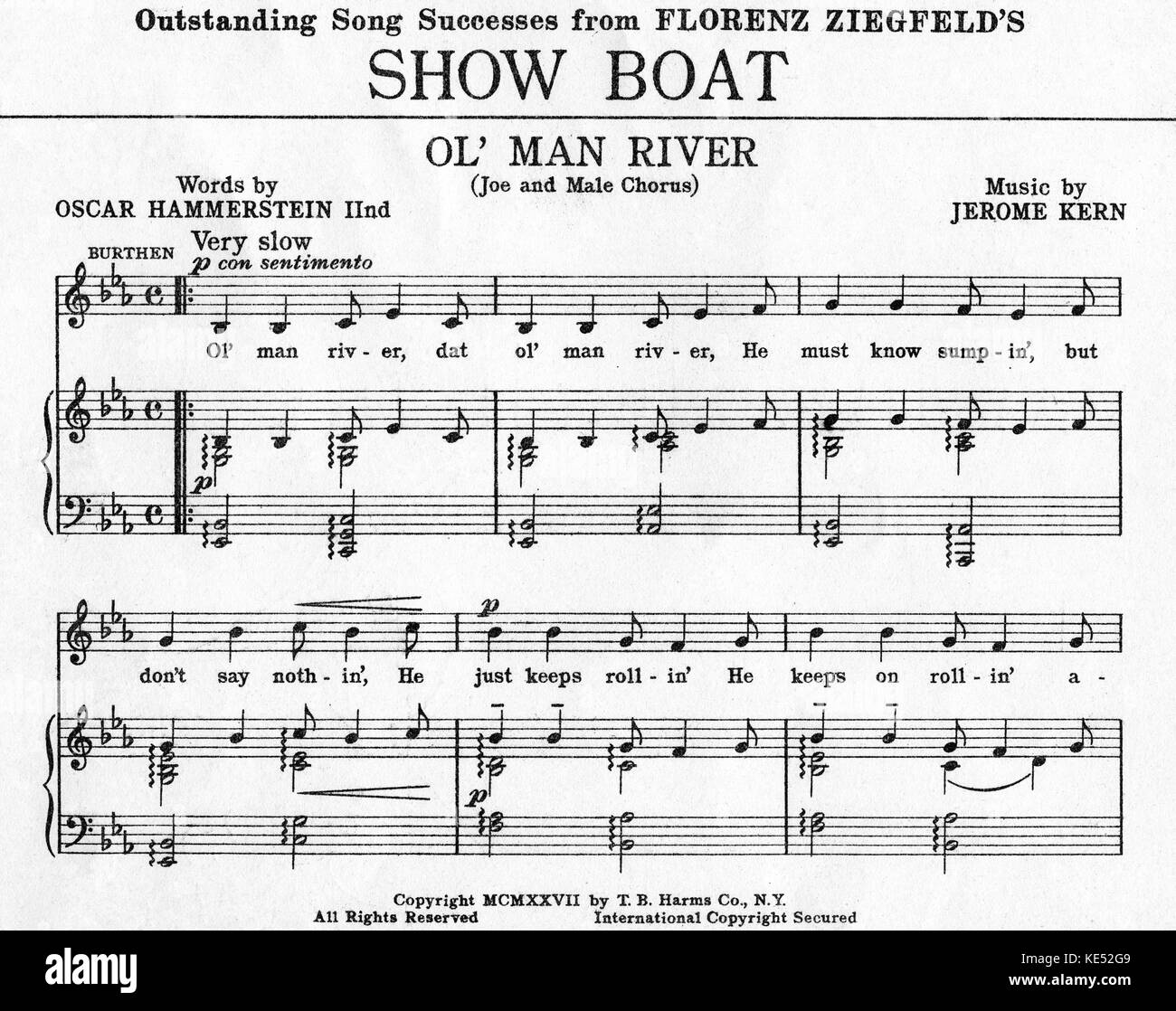 SHOW BOAT 'Ol Man River Words by Oscar Hammerstein II, music by Jerome Kern. Ol' Man River score.   Published New York, TB Harms,1927. Stock Photo