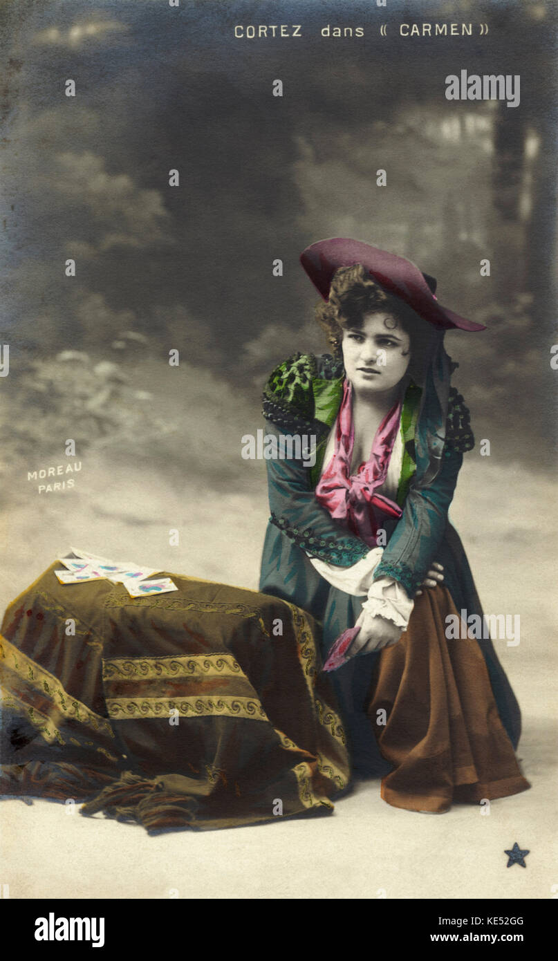 Carmen opera scene on tinted postcard. Cortez as Carmen. early 1900s.Georges Bizet - French composer, 25 October 1838 -3 June 1875. Stock Photo
