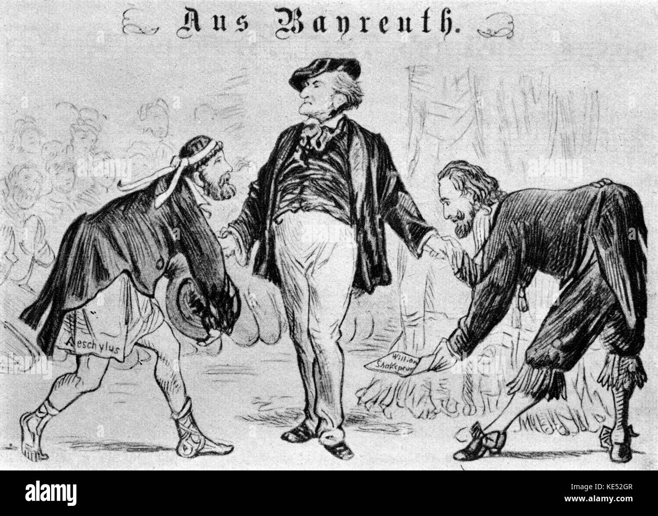 Aeschylus and William Shakespeare bowing down to Richard Wagner at Bayreuth. Caricature of ancient Greek playwright and English Elizabethan playwright showing respect to German composer. German composer & author, 22 May 1813 - 13 February 1883. Stock Photo