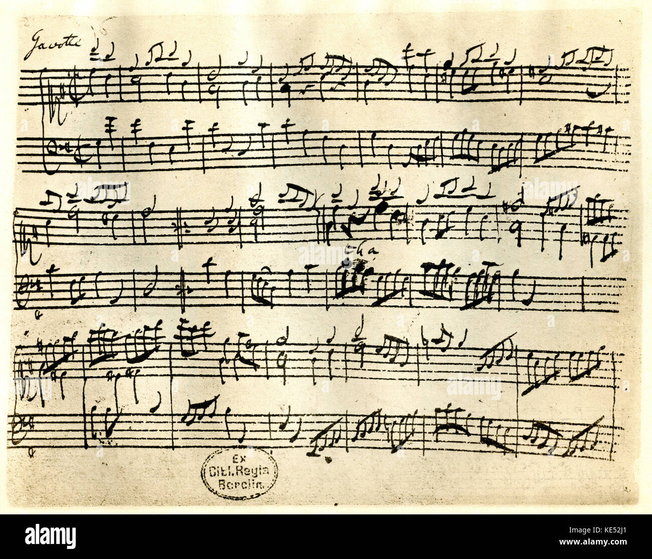 Johann Sebastian Bach 's handwritten manuscript score for the gavotte of his French Suite No. 5 in G major. BWV 816.  JSB, German composer: 21 March 1685 - 28 July 1750. Stock Photo