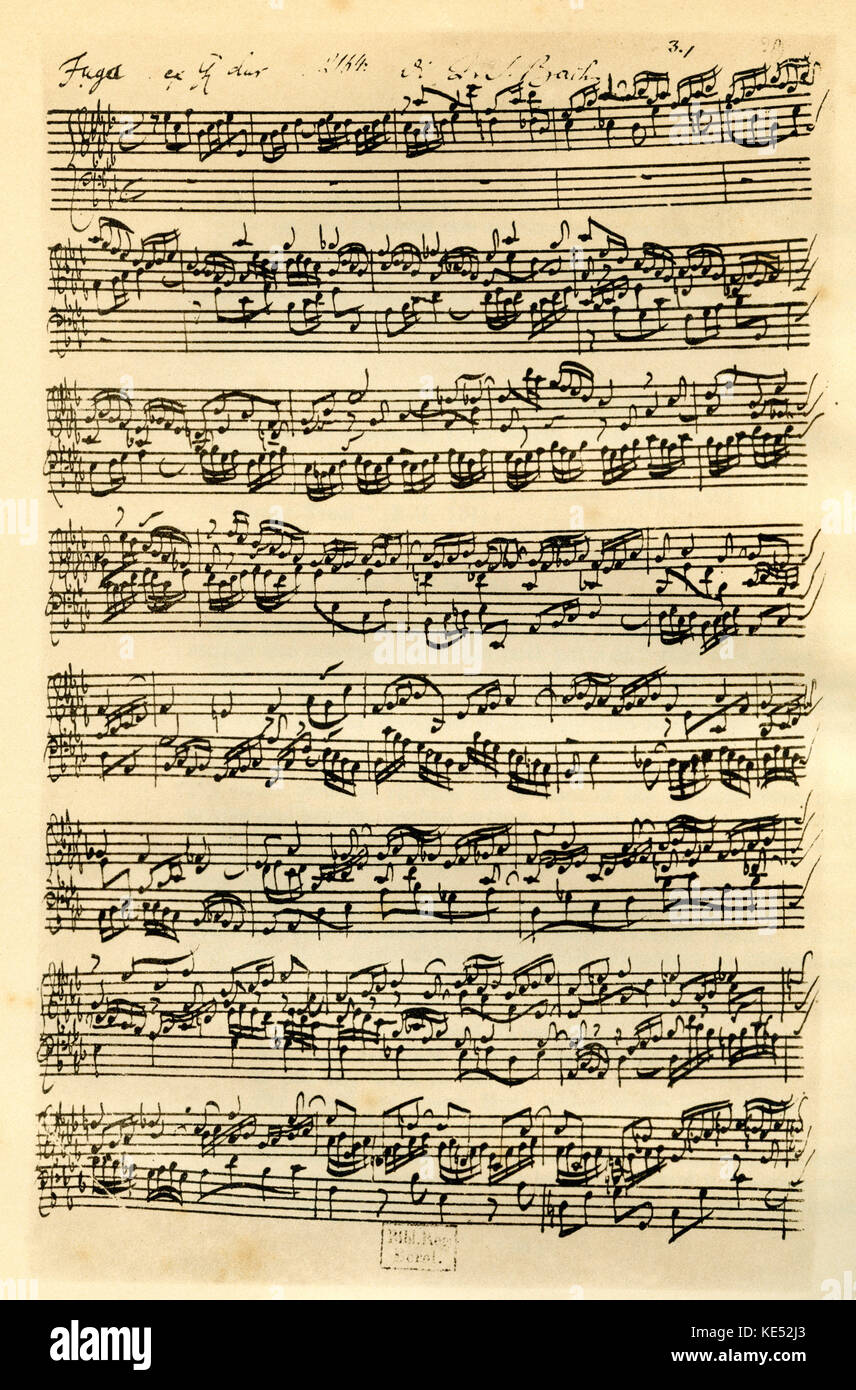 Johann Sebastian Bach 's handwritten manuscript score for his fugue in A flat from the second book of 'The 48'.  JSB, German composer: 21 March 1685 - 28 July 1750. Stock Photo