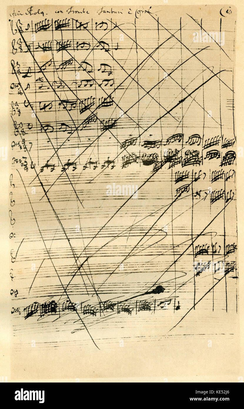 Johann Sebastian Bach 's handwritten manuscript score for 'The Appeasing of Aeolus' - discarded page pf last bass solo. Drama per Musica BWV 205. Also known as 'Aeolus Pacified' or 'Aeolus Satisfied'. Secular cantata. JSB, German composer: 21 March 1685 - 28 July 1750. Stock Photo