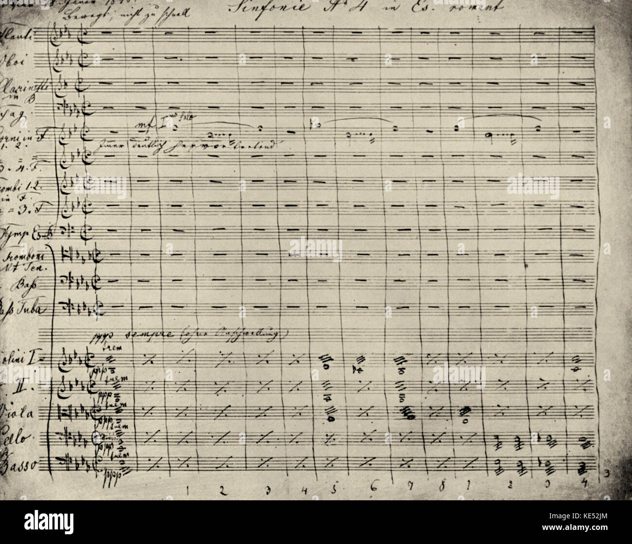Anton Bruckner 's Symphony No. 4 score. Beginning of the final version of the symphony. AB: Austrian composer, 4 September 1824 – 11 October 1896. Stock Photo
