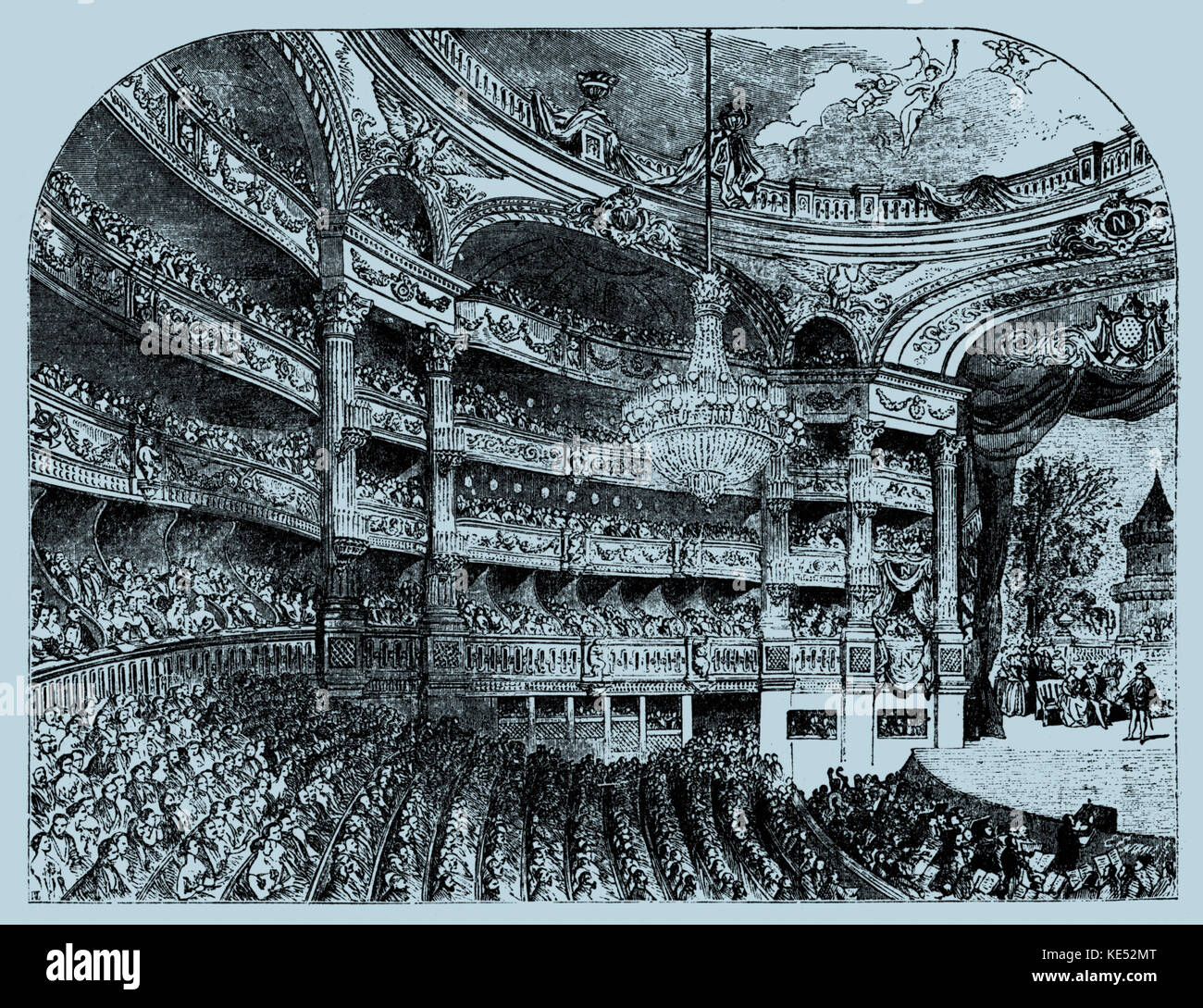 Interior of the Grand Opera House in the Rue le Peletier (1821 - 1873). Also known as the Théâtre de l'Académie Royale de Musique or the Paris Opera. Was the principal venue of the Parisian opera (from 1822) and ballet companies until its destruction by fire in 1873. Stock Photo