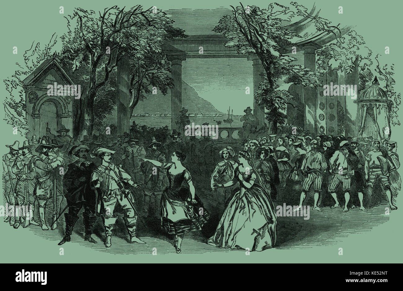 Daniel-Francois-Esprit Auber 's opera 'La Muette de Portici' (The Mute of  Portici) at Her Majesty's theatre, London 1851.Based on Masaniello 's  revolution in Naples in 1647. Source Illustrated London News 26 April