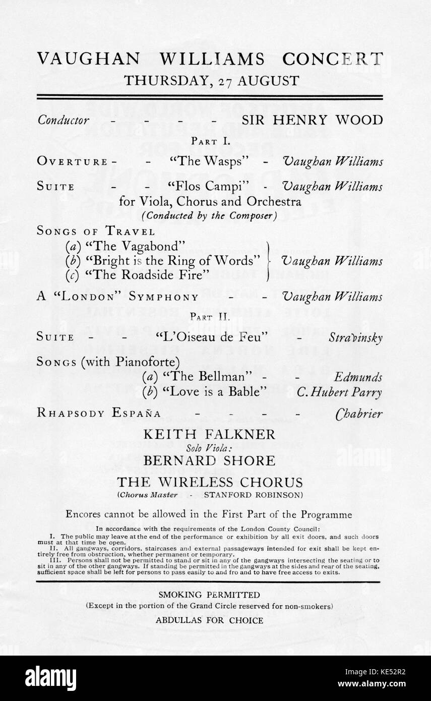 Ralph Vaughan Williams concert programme  - 'Flos Campi for Viola, Chorus and Orchestra',  conducted by Vaughan Williams at the Henry Wood Promenade Concerts, 27 August 1931. Part of the 37th season of Proms concerts. Stock Photo