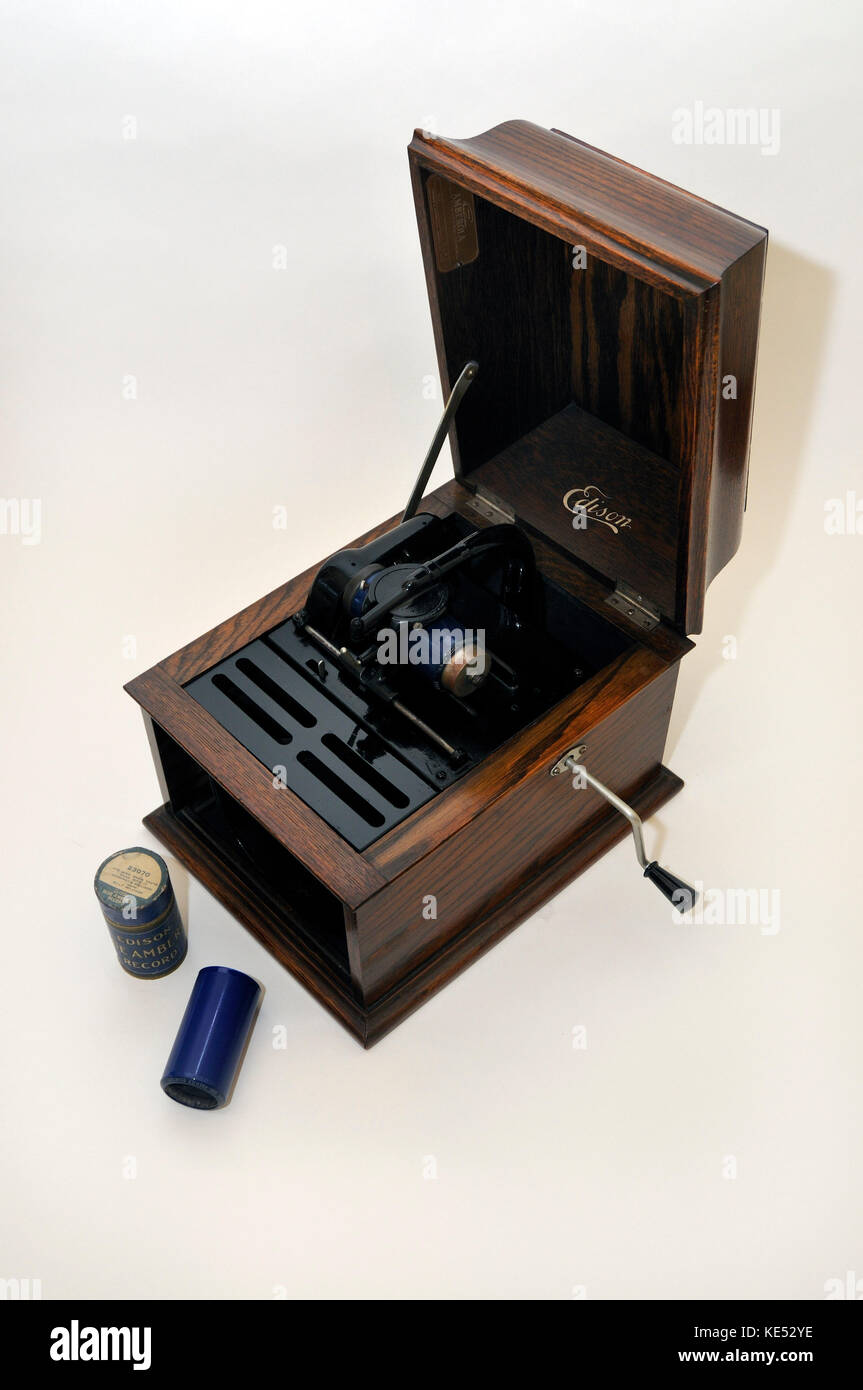 Edison Internal Horn Amberola made in 1915 in oak case. Plays   4-minute plastic Blue Amberol cylinder records via a Diamond B reproducer. Manufactured until 1929. Stock Photo