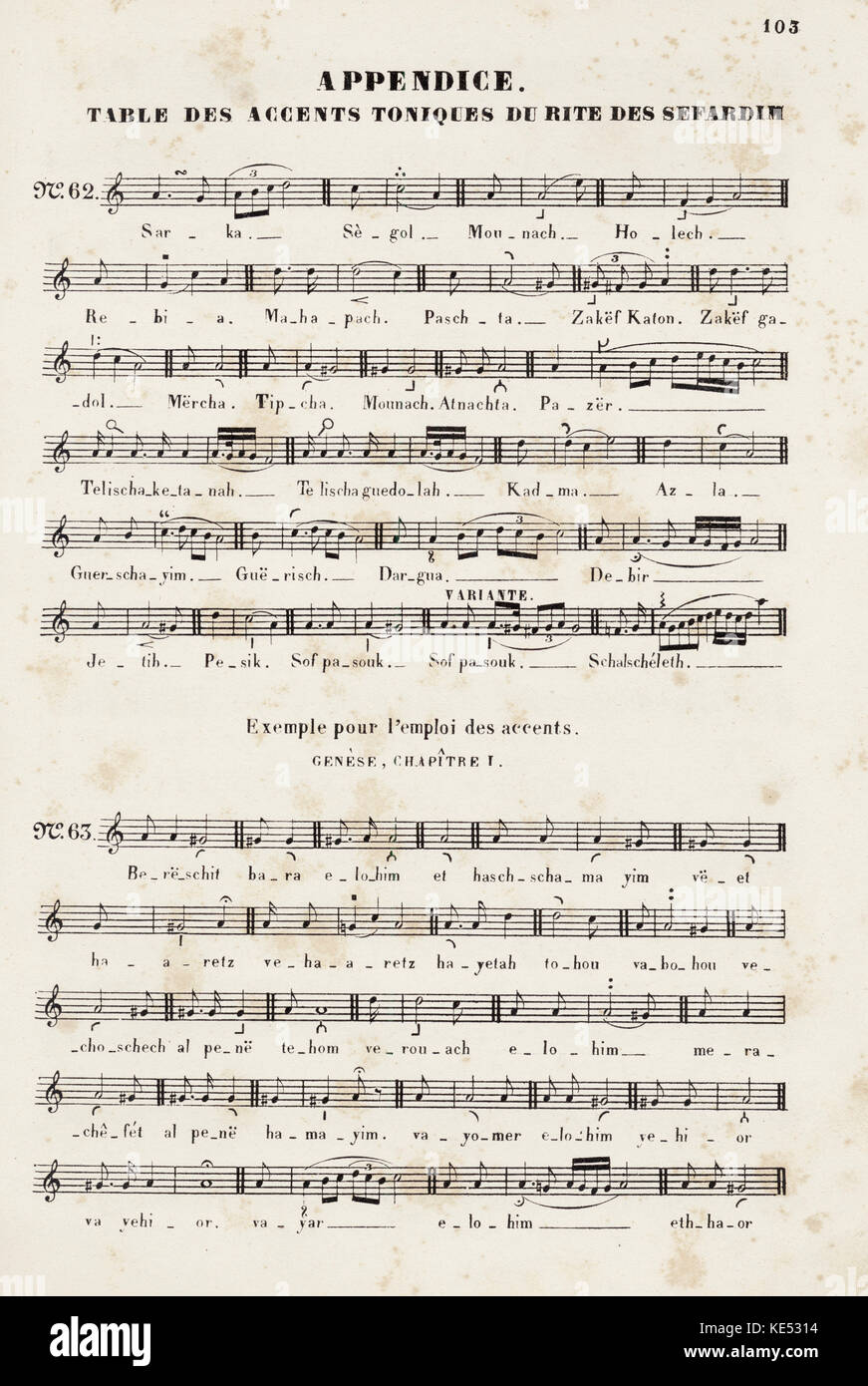 Biblical tropes converted to musical notation for the Sephardi tradition. from Jewish popular religious songs title page/ Recueil des Chants Religieux et Populaires des Israelitesdes Temps les plus reculés jusqu'a nos jours.  Partitions transcrites pour piano our Orgue Harmonica. By S. Naumbourg, Paris, late 19th century. Stock Photo