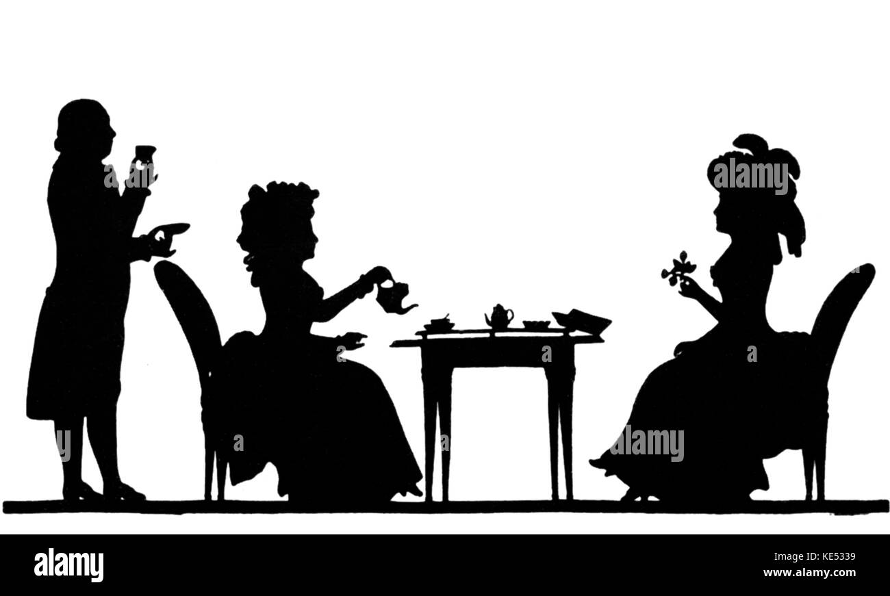 Silhouette of the von Breuning family drinking tea - Frau von Breuning with her daughter Eleonore. Eleonore von Breuning (1771 - 1841): good friend of German composer Ludwig van Beethoven. Artist unknown. Stock Photo