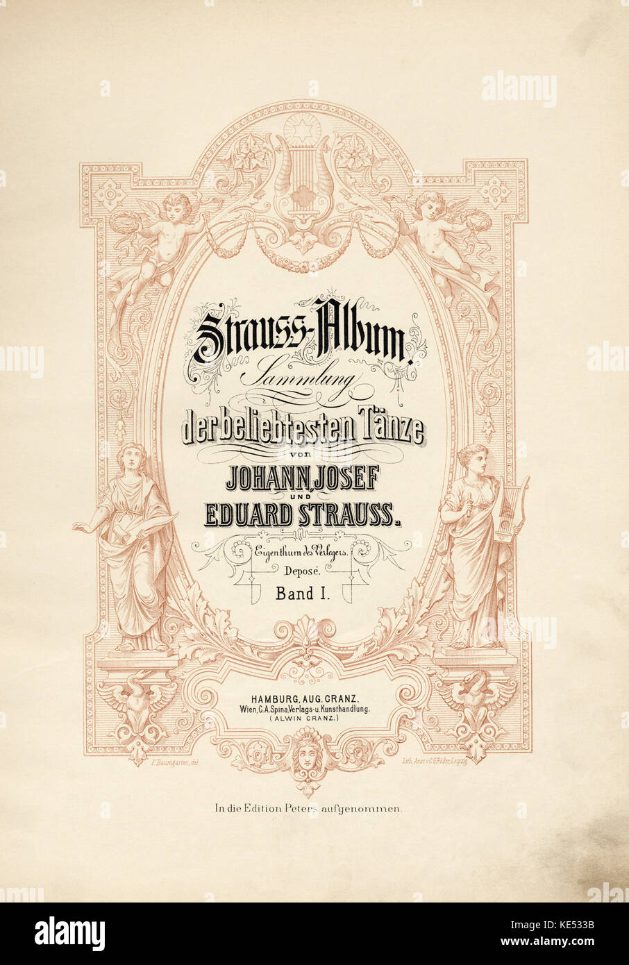 Strauss Album - Title page. Collection of dances by Johann, Josef  and Eduard Strauss Published by Hamburg aug. Granz  . Band I.   Musicians playing instruments, violin, people dancing Stock Photo