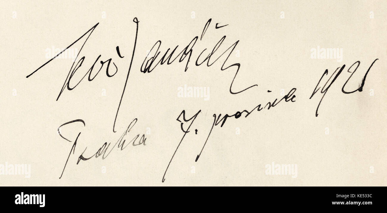 Leos Janacek  's signature, dated 1921  Czech composer (1854-1928). Vydal, Ol Pazdirek. Stock Photo
