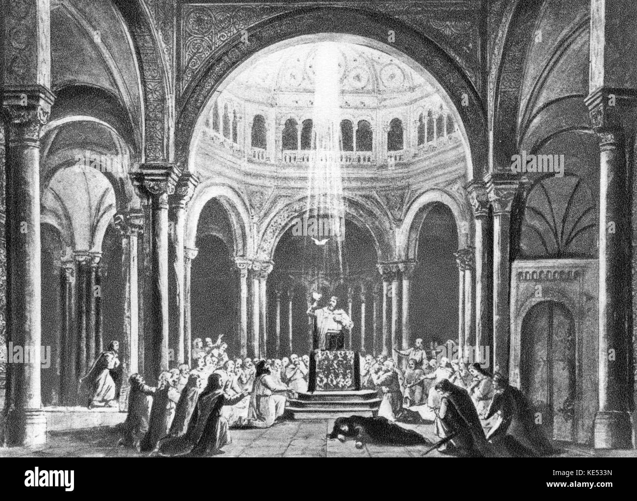 Richard Wagner 's opera Parsifal - scene depicting the Holy Grail. Original set design by Paul Joukowsky. RW: German composer, 22 May 1813 - 13 February 1883 Stock Photo