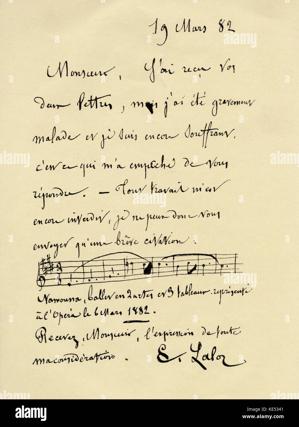 Letter from the French composer Édouard Lalo, dated 19 March 1882 - with a hand written manuscript of … Édouard Victor Antoine Lalo, French composer of Spanish descent, 27 January 1823 – 22 Apri 1892 Stock Photo