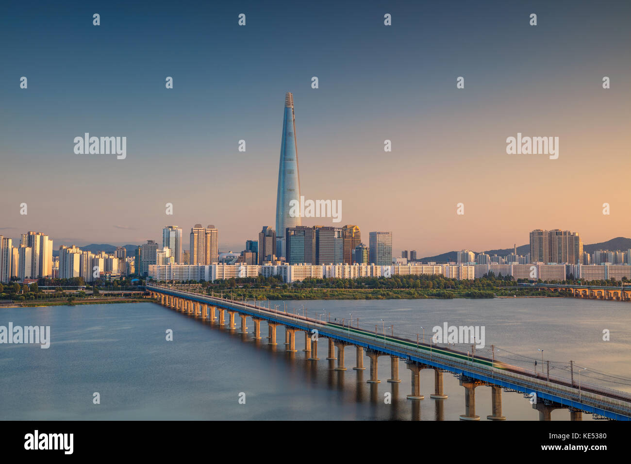 Seoul. Cityscape image of Seoul and Han River during sunset. Stock Photo
