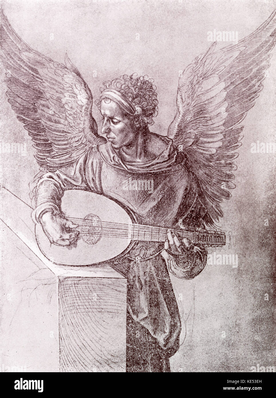 Angel playing a lute, drawing by Albrecht Dürer 1491. AD: German painter, printmaker, 21 May 1471 - 6 April 1528 Stock Photo