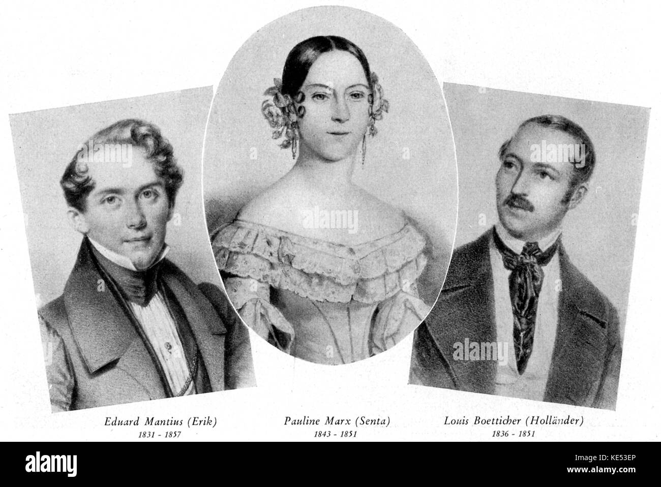 Flying Dutchman (Der fliegende Höllander) - the leading cast members of the Berlin premiere, performed on 7 January, 1844 at the Royal Playhouse, Berlin. From left: Eduard Mantius who played Erik, Pauline Marx who played Senta and Louis Boetticher who played Höllander. Wagner acted as conductor for this performance. RW: German composer & author, 1813-1883. Stock Photo