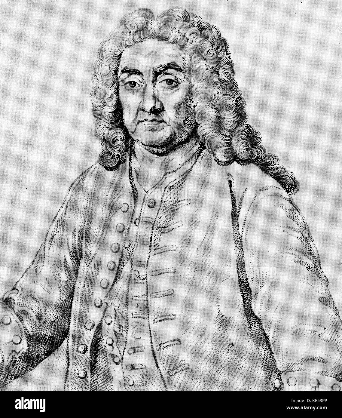 John James (Johann Jacob) Heidegger (1659–1749), Swiss count and leading impresario of masquerades in the early part of the 18th century. William Hogarth published a satire on Heidegger in his print, Masquerades and Operas. Handel connection. Stock Photo