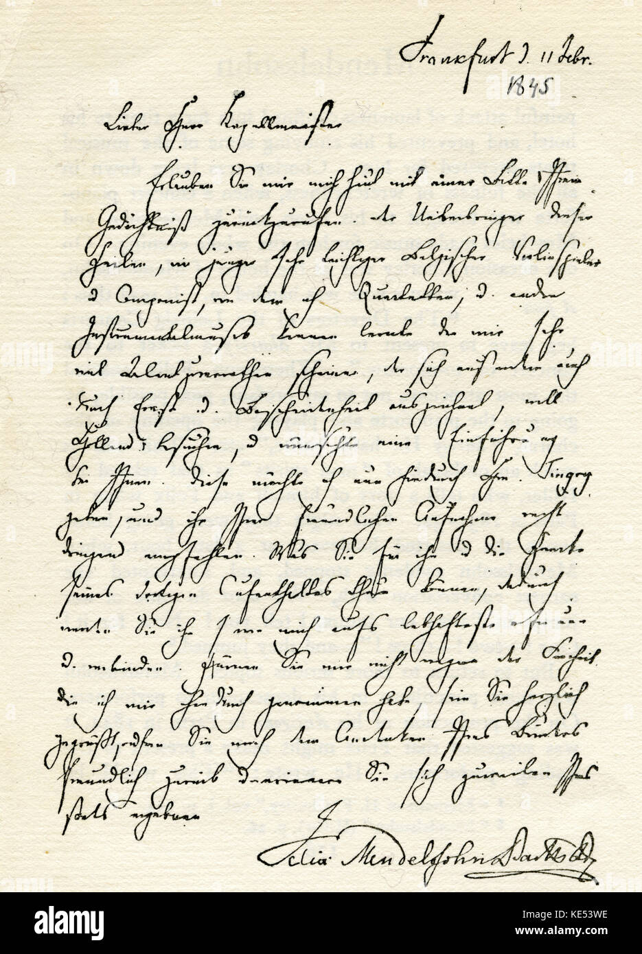 Felix Mendelssohn letter 1845, 11 February.  Sent to  Johannes Verhulst, Kapellmesiter at the Hague. In the letter he asks him to help the letter bearer, a young Belgian violinist (Tingry) and composer who M thinks is very talented . Examples of M's generous nature. German composer, 1809-1847 German composer, 3 February 1809 - 4 November 1847. Stock Photo