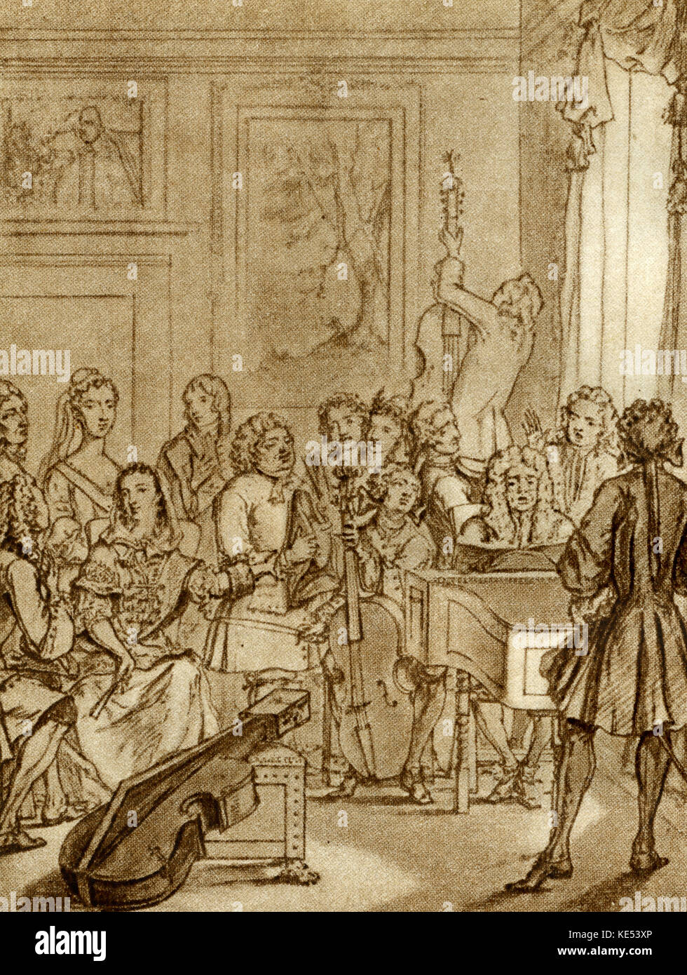 John James (Johann Jacob) Heidegger (1659–1749), playing the cembalo or harpsichord at a chamber music gathering in Montague House, London. Drawing by Marcellus Laroon. (Swiss count and leading impresario of masquerades in the early part of the 18th century. William Hogarth published a satire on Heidegger in his print, Masquerades and Operas.) Stock Photo