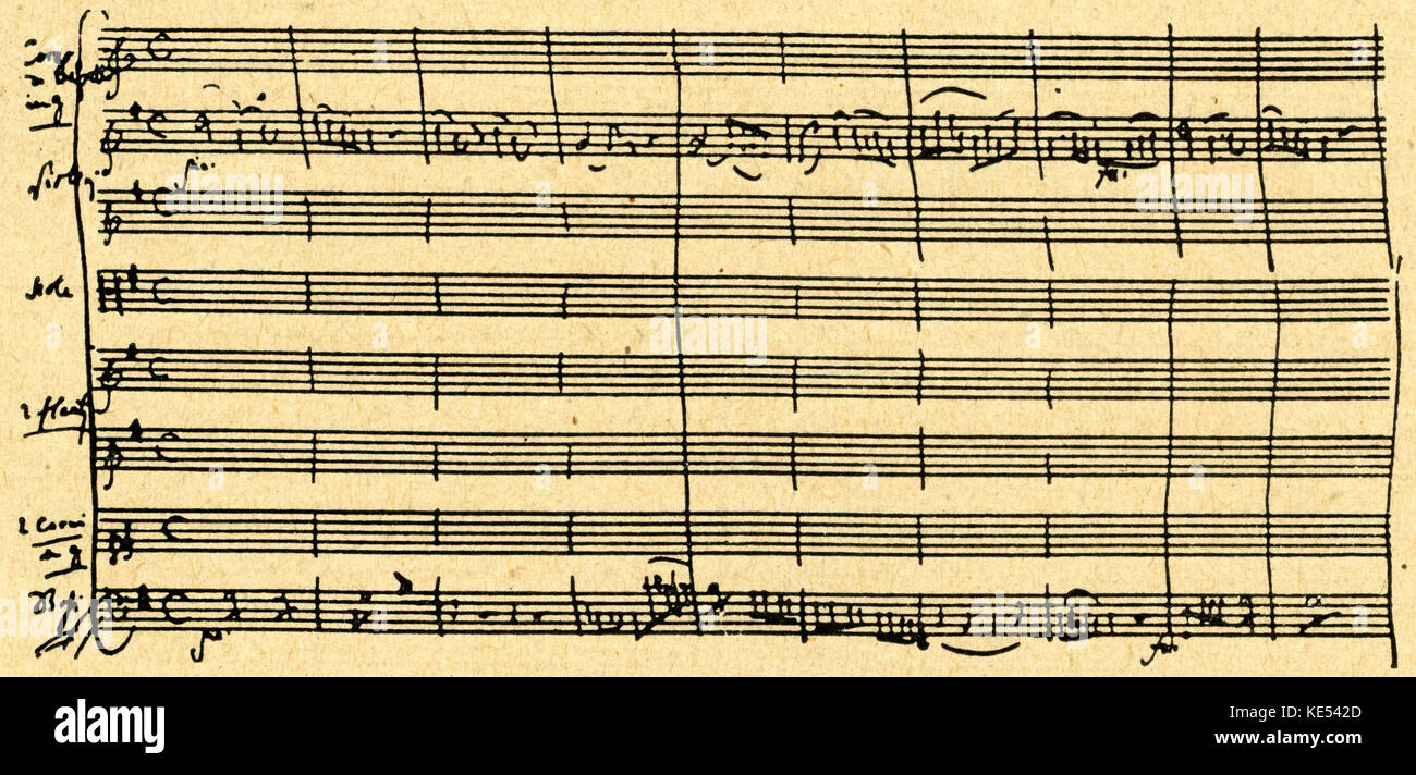First draft of Mozart 's Clarinet Concerto K 622. Wolfgang Amadeus Mozart: Austrian composer, 27 January 1756 - 5 December 1791. Stock Photo