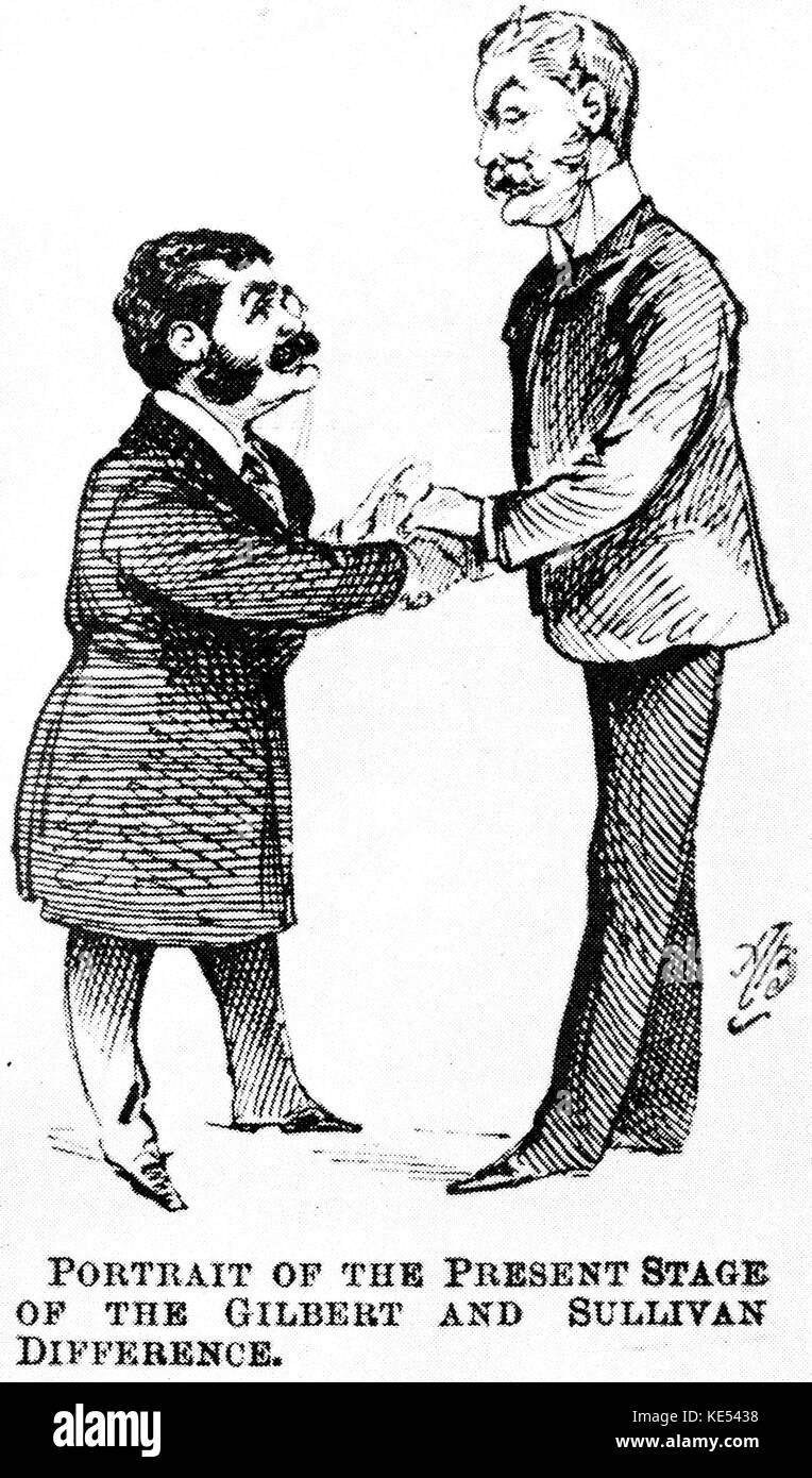 Gilbert and Sullivan make amends. The 'Carpet Quarrel' settled: cartoon by Alfred Bryan in the magazine 'Judy', 4 June 1890. WSG: English poet, playwright and librettist, 18 November 1836 - 29 May 1911. AS:  English composer, 13 May 1842 - 22 November 1900. Stock Photo