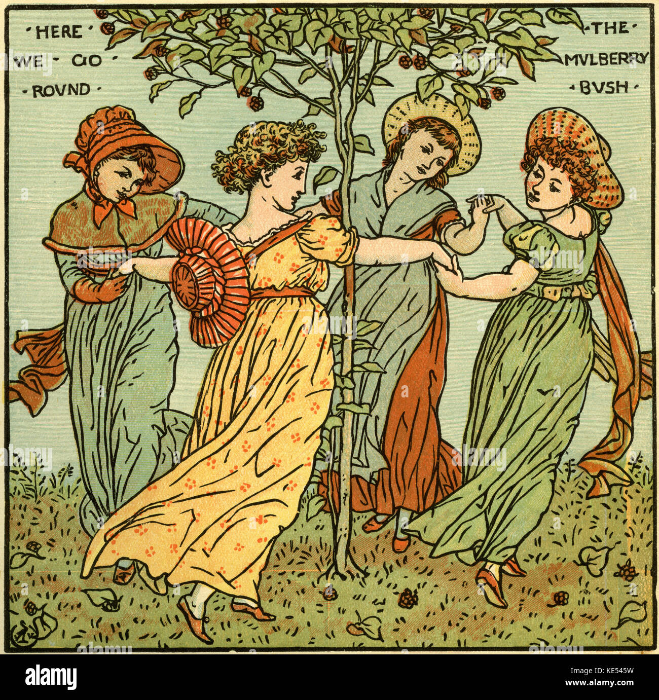 The mulberry bush, nursery rhyme illustration (1877) by Walter Crane. English artist of Arts and Crafts movement, 15 August  1845 - 14 March 1915 Stock Photo