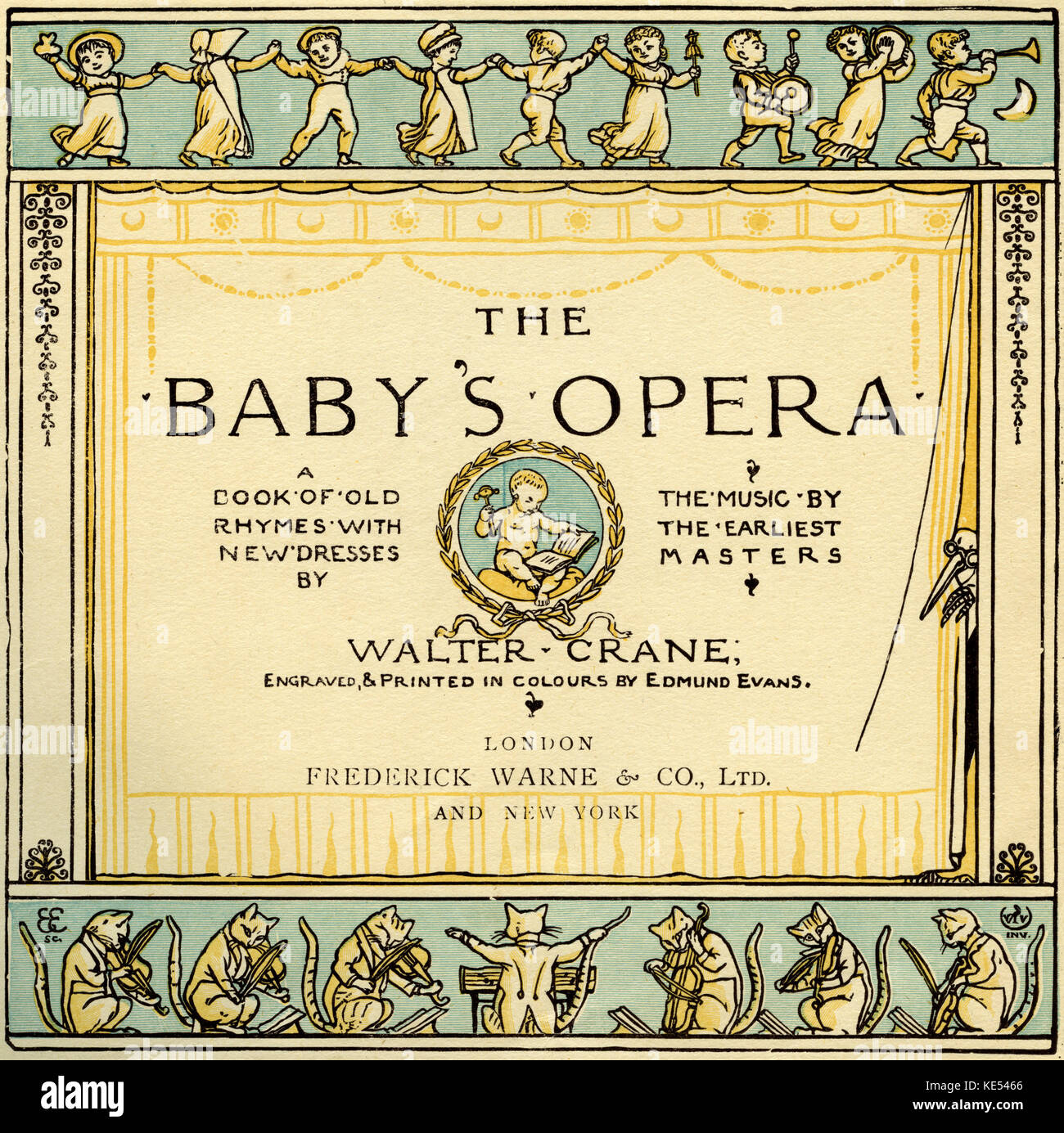 The Baby's Opera titlepage by Walter Crane. First published in 1877. Shows children dancing and feline orchestra. English artist of Arts and Crafts movement, 15 August  1845 - 14 March 1915 Stock Photo