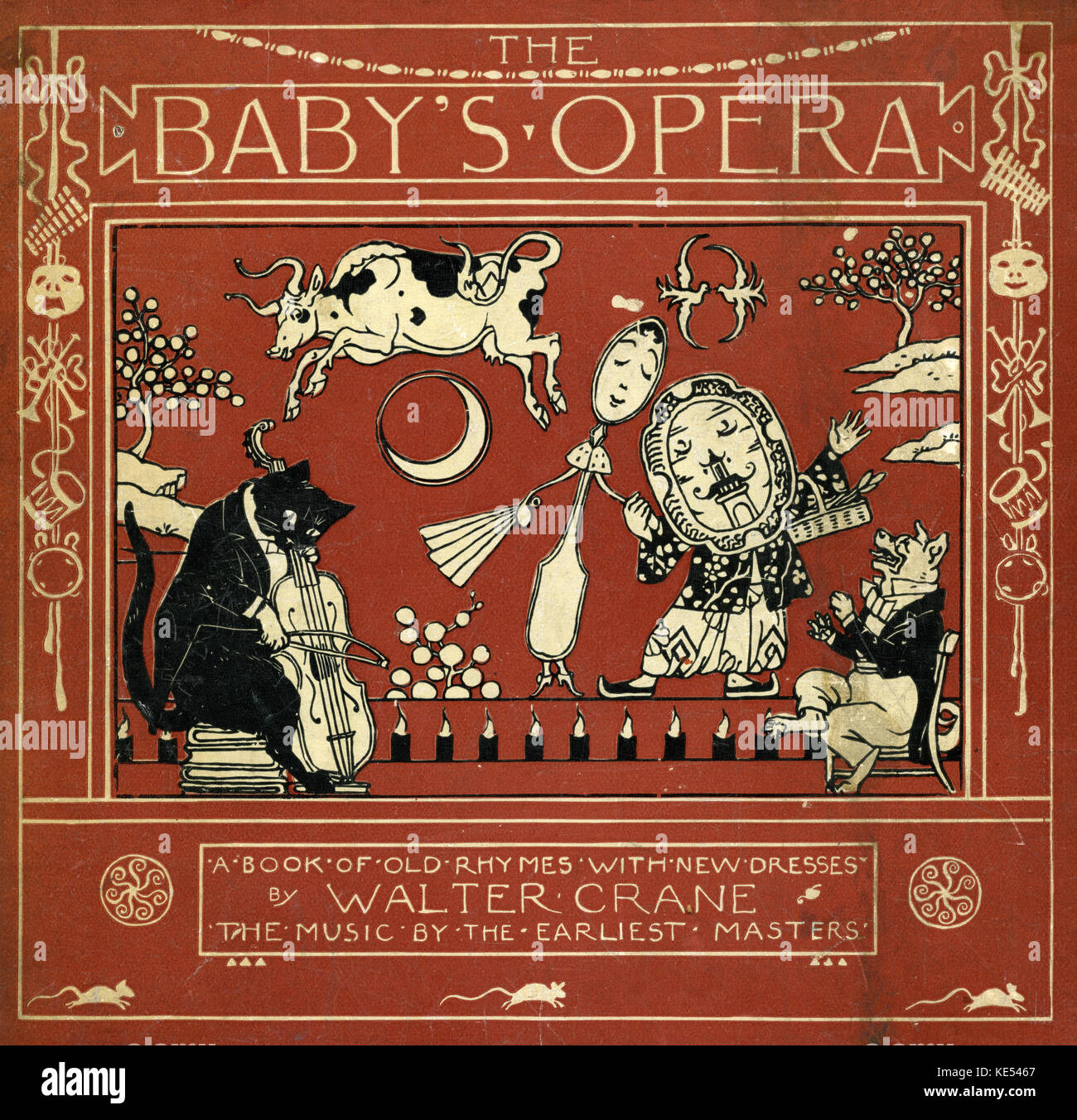 The Baby's Opera by Walter Crane. First published in 1877. Front cover shows the nursery rhyme 'Hey diddle diddle, the cat and the fiddle, the cow jumped over the moon, the little dog laughed to see such fun, and the dish ran away with the spoon.' English artist of Arts and Crafts movement, 15 August  1845 - 14 March 1915 Stock Photo