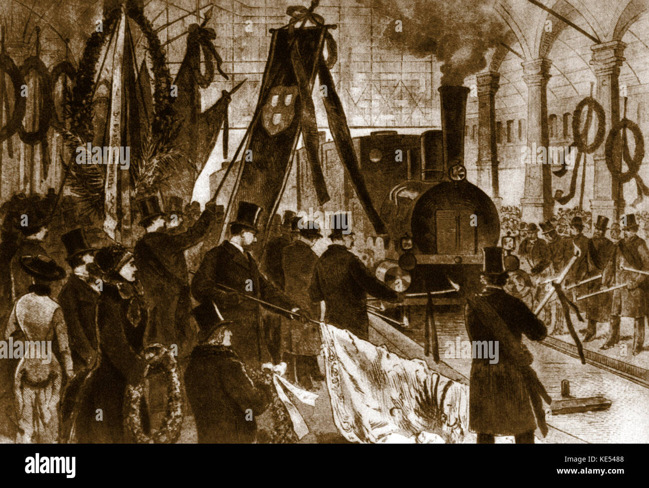 Arrival of Richard Wagner 's coffin - Arrival of Richard Wagner 's coffin at Munich train station, 1883. After a drawing by L. Bechstein. Showing a crowd of his admirers gathering round a train, holding garlands and banners. German composer: 22 May 1813 - 13 February 1883. Tinted version. Stock Photo
